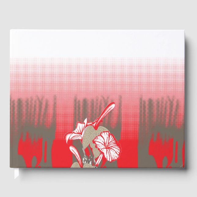 A vibrant graphic design features a red, patterned guest book (Front)