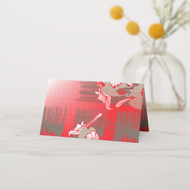 A vibrant graphic design features a red, patterned place card (Front)