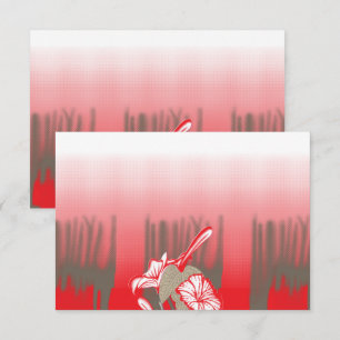 A vibrant graphic design features a red, patterned thank you card