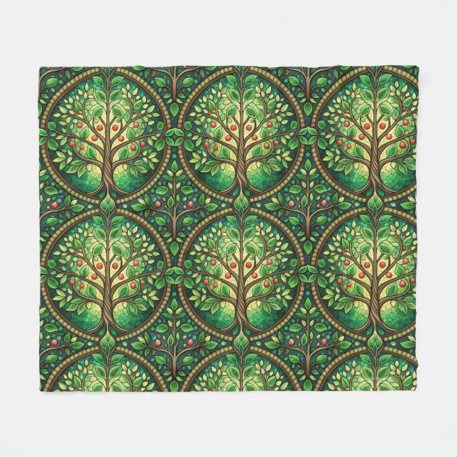 A vibrant, intricate green and gold circular leaf  fleece blanket (Front (Horizontal))