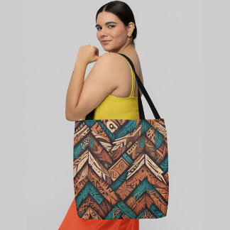 a vibrant intricate pattern overlapping geometric tote bag