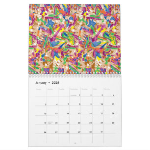 A vibrant modern art piece featuring a pink and mu calendar