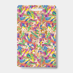 A vibrant modern art piece featuring a pink and mu ID badge