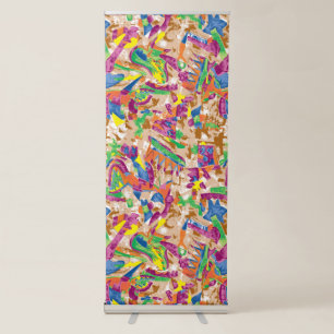 A vibrant modern art piece featuring a pink and mu retractable banner