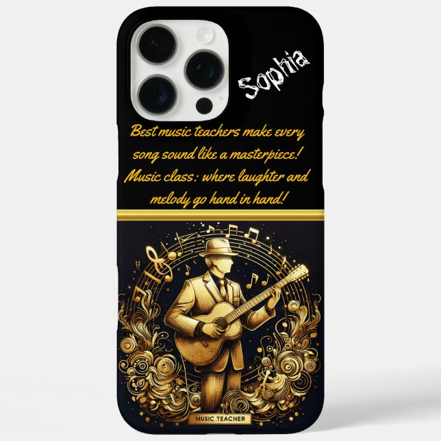 A Vibrant Music Teacher Strumming a Guitar in Gold Case-Mate iPhone Case (Back)