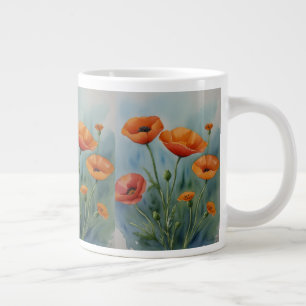 A vibrant orange poppy dancing in the breeze. large coffee mug