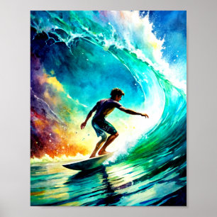 A Vibrant Painting of a Person Surfing Poster