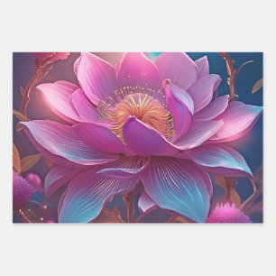 A vibrant pink and purple flower wrapping paper sheet