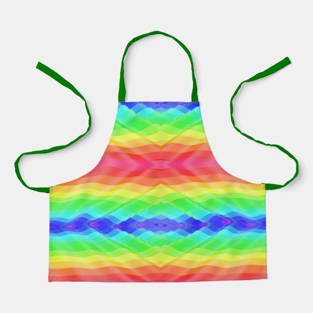 A vibrant, rainbow-patterned apron with green  (Front)