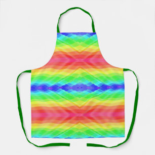 A vibrant, rainbow-patterned apron with green 