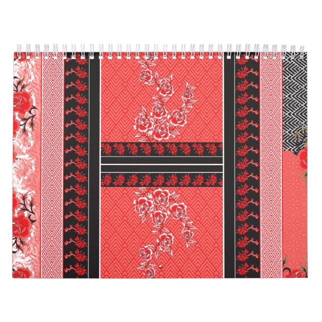A vibrant red and black scarf adorned with a strik calendar (Cover)