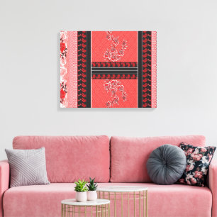 A vibrant red and black scarf adorned with a strik canvas print