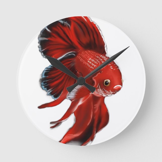 A vibrant red betta fish swimming. round clock (Front)