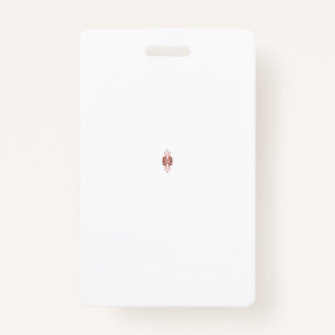A vibrant red graphic features a creative floral d ID badge