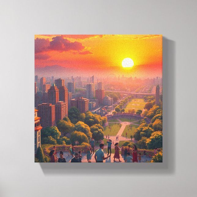 A Vibrant Sunset Over a Diverse Cityscape Canvas Print (Front)