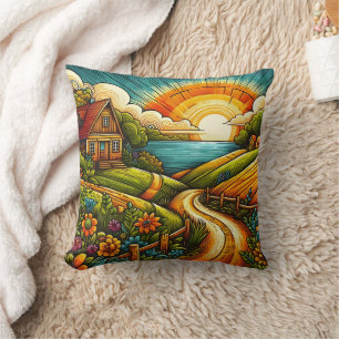 A vibrant sunset over a tranquil countryside cushion