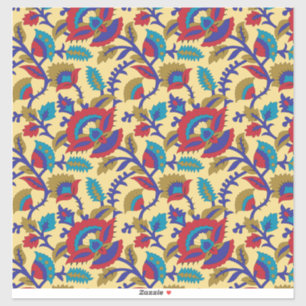 A vibrant textile art piece featuring bold red, ye