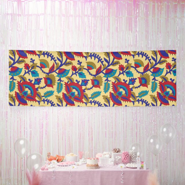 A vibrant textile art piece featuring bold red, ye banner (Party)