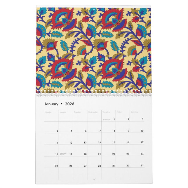 A vibrant textile art piece featuring bold red, ye calendar (Jan 2026)