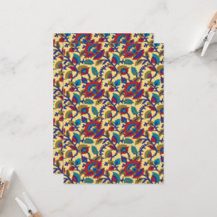 A vibrant textile art piece featuring bold red, ye invitation