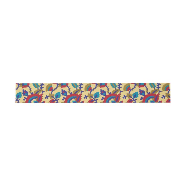 A vibrant textile art piece featuring bold red, ye invitation belly band (Flat)