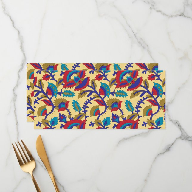 A vibrant textile art piece featuring bold red, ye menu (Front/Back In Situ)