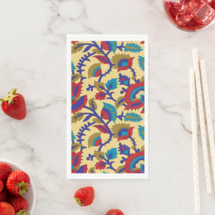 A vibrant textile art piece featuring bold red, ye napkin