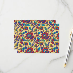 A vibrant textile art piece featuring bold red, ye RSVP card