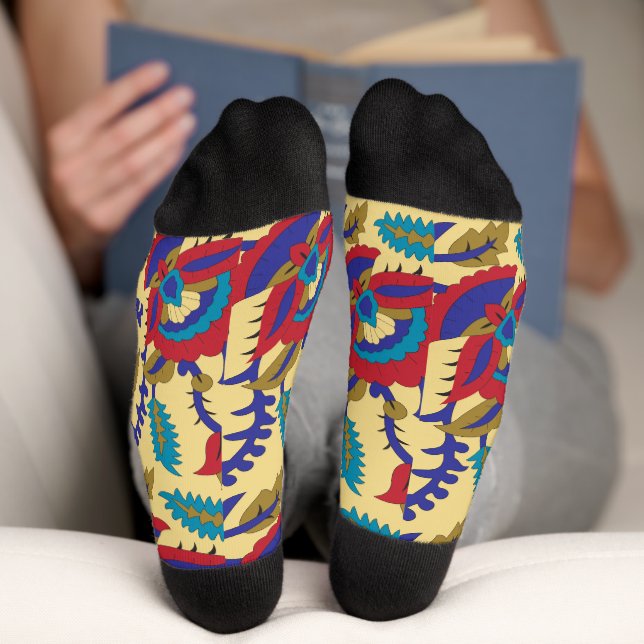 A vibrant textile art piece featuring bold red, ye socks (Bottom)