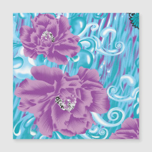 A vibrant textile design featuring purple and turq