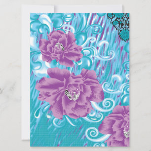 A vibrant textile design featuring purple and turq