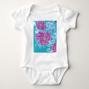 A vibrant textile design featuring purple and turq baby bodysuit