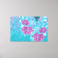 A vibrant textile design featuring purple and turq