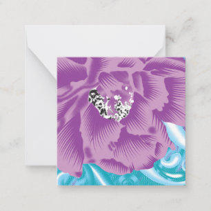 A vibrant textile design featuring purple and turq card