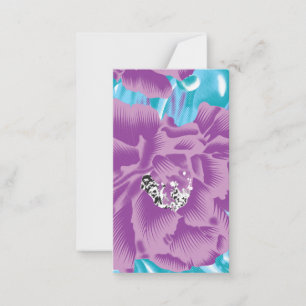 A vibrant textile design featuring purple and turq card
