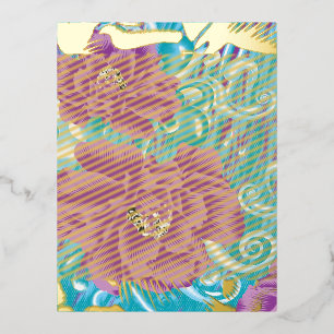 A vibrant textile design featuring purple and turq foil invitation postcard