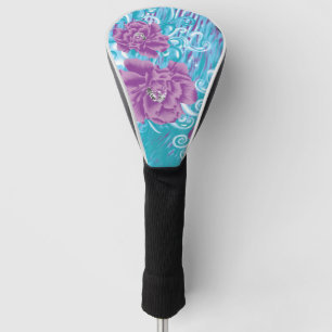 A vibrant textile design featuring purple and turq golf head cover