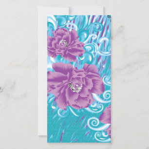 A vibrant textile design featuring purple and turq holiday card