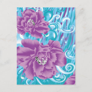 A vibrant textile design featuring purple and turq holiday postcard