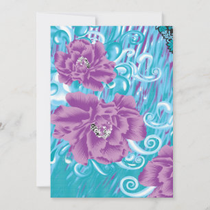 A vibrant textile design featuring purple and turq invitation