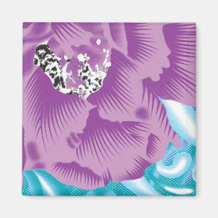 A vibrant textile design featuring purple and turq magnet