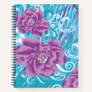A vibrant textile design featuring purple and turq notebook