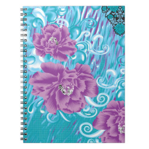A vibrant textile design featuring purple and turq notebook