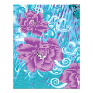A vibrant textile design featuring purple and turq photo print