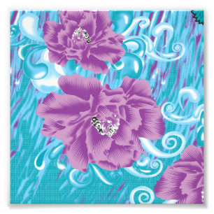A vibrant textile design featuring purple and turq photo print