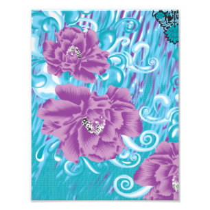 A vibrant textile design featuring purple and turq photo print