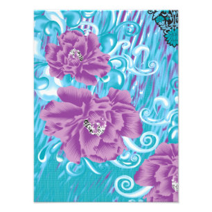 A vibrant textile design featuring purple and turq photo print