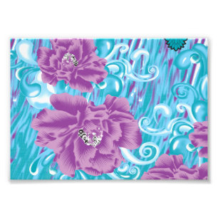 A vibrant textile design featuring purple and turq photo print
