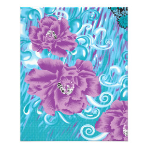 A vibrant textile design featuring purple and turq photo print