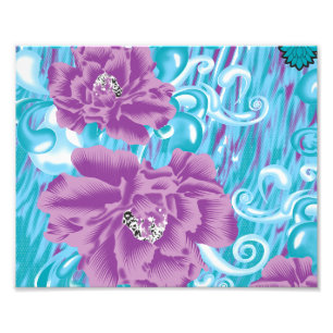 A vibrant textile design featuring purple and turq photo print